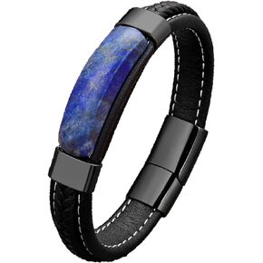 Men's Bracelet with Natural Stone, Black Leather Bracelet, Natural Stone Bracelet, Genuine Leather Bracelet for Men and Women