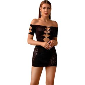 Tender Whisper Women's Cut-Out Bodycon Fishnet Bodysuit Mini Dress Club Wear Party Dress Out Fits Lace Tights with Pearls