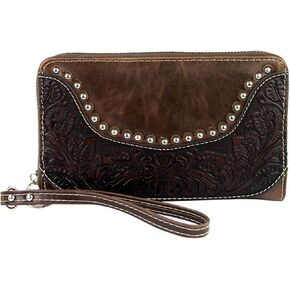 Montana West Ladies Wristlet Wallet 2-in-1 Western Tooled Genuine Leather Zippered Enclosure