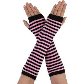 Allegra K Women Black Pink Stripe Print Elbow Length Fingerless Arm Gloves Pair