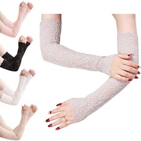 Women Arm Sleeves UV Protection Long Lace/Solid Colored Fingerless Gloves, Floral Lace Sleeves Hollow Out Long Sunscreen Gloves Driving Gloves cosplay, gothic, tulle satin, sun protection sleeves