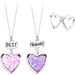 Heart Locket Necklace for Women Men Geometric Heart Photo Picture Necklace for Couples BFF Best Friends Neclace Jewelry 2Pcs