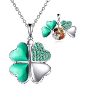 POPLYKE Sterling Silver Lucky Four Leaf Clover Necklace for Women Cubic Zirconia Folding Heart Love Pendant Necklace Jewelry