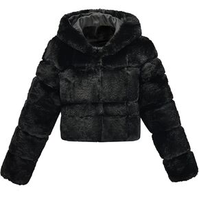 GRAN ORIENTE Women Faux Fur Fleece Coat with Faux Fur Lining and Collar Warm Winter Plush Long Sleeve Zip Cropped Jacket with Pockets Adjustable Waist Hooded Outerwear GK051-Black-S in Kuwait
