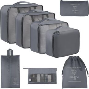 Vercord 8 Set Travel Packing Pods Luggage Organizers Cubes with Laundry Bags Accessories