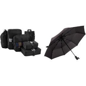 Gorilla Grip 6 Piece Packing Cubes for Luggage and Compact Travel Umbrella, Packing Cubes are Lightweight, Includes Mesh Window, Umbrella Size 42 Inch Wide, Collapsible, Both in Black, 2 Item Bundle