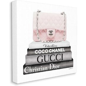 Stupell Industries Pink Quilted Purse on Modern Chic Bookstack, Designed by Amanda Greenwood Canvas Wall Art, 36 x 36, Black