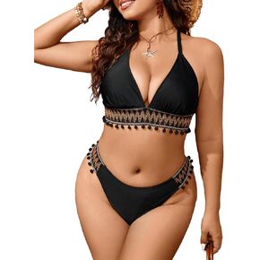 SOLY HUX Women's Plus Size Bikini Top Halter Tie Back Tassel Trim Swimsuit Bathing Suit Tops