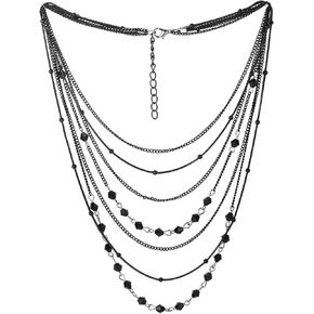 COOLSTEELANDBEYOND Silver Black Statement Collar Necklace Waterfall Multi-Strand Chains Gem Stone Ball Charm Pendant