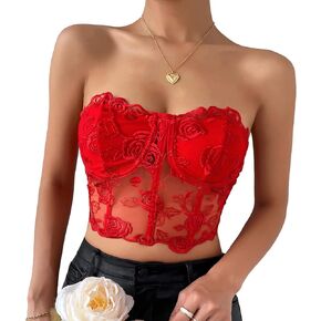 Women's Embroidered Floral Corset Crop Top Strapless Tube Top Boned Mesh Bustier Clubwear