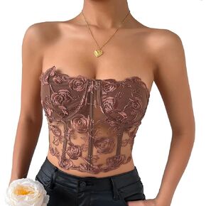 Women's Embroidered Floral Corset Crop Top Strapless Tube Top Boned Mesh Bustier Clubwear
