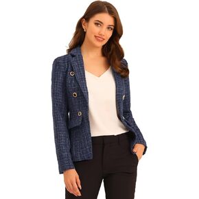 Allegra K Women's Elegant Plaid Jacket Long Sleeve Open Front Tweed Blazer