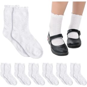 10 Pairs Girls Ruffle Socks White Cotton Short Socks Textured Dress Socks Heart Pattern Socks for Girls 6-8