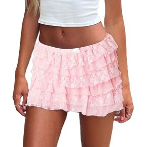 Faretumiya Women Floral Lace Mini Skirt Y2k Sheer Ruffle Hem Bodycon Short Skirt Fairycore Layered Pleated Skirt Aesthetic in Kuwait