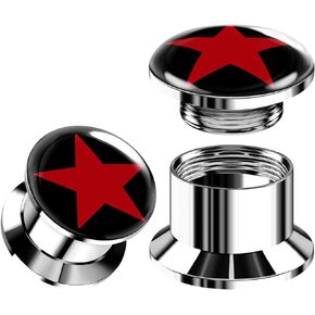 Pair of 316L Surgical Steel Red Star Logo Screw Flesh Tunnels Piercing Jewelry Stretcher Earring Internal Ear Lobe Plugs