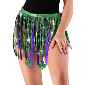 TWINKLEDE St Patrick's Day Skirt Sequin Sparkly Fringe Skirts Glitter Tassel Belly Holiday Costume for Women and Girls