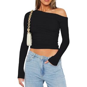Yoawdats Women's One Off Shoulder Crop Tops Y2k Going Out Long Sleeve Slim Fit Casual Blouse T Shirts Tees 2023 Streetwear