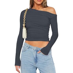 Yoawdats Women's One Off Shoulder Crop Tops Y2k Going Out Long Sleeve Slim Fit Casual Blouse T Shirts Tees 2023 Streetwear