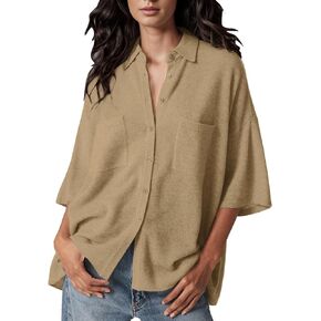 Langwyqu Womens Button Down Shirts Short Sleeve V Neck Collared Blouses Going Out Loose Knit Summer Top with Pockets