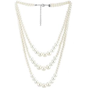 Womens Statement Necklace, Layered Three-strand with White Pearls and Beads Chains, for Dress Wedding Banquet