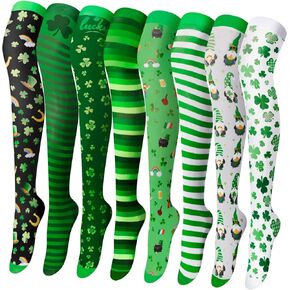 Mumufy 8 Pairs St. Patrick Day Socks Shamrock Clover Striped Thigh High Socks Novelty Green Irish Festival over Knee Stocking Socks Cosplay Party Holiday Gifts for Women Girls