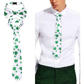 Eyret Shamrock Necktie Set St Patricks Adjustable Neck Ties and Bowtie Party Irish Pre-tied Clover Bowties for Men and Women