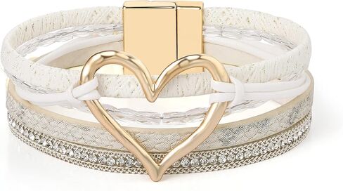 Leather Wrap Bracelet for Women Beaded Cuff Bracelet with Heart-shape Decor Bohemian Crystal Bracelet Jewelry with Clasp Bangle Bracelet Gift for Sisters, Wife and Mother in Saudi Arabia