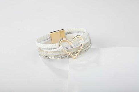 Leather Wrap Bracelet for Women Beaded Cuff Bracelet with Heart-shape Decor Bohemian Crystal Bracelet Jewelry with Clasp Bangle Bracelet Gift for Sisters, Wife and Mother in Saudi Arabia
