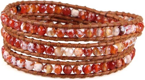 ابتكرت KELITCH خرز العقيق الناري على الجلد الطبيعي 3 سوار ملفوف مصنوع يدويًا مجوهرات صيفية ساحرة جديدة in Kuwait
