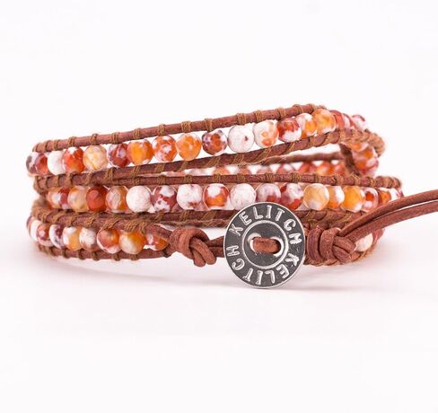 ابتكرت KELITCH خرز العقيق الناري على الجلد الطبيعي 3 سوار ملفوف مصنوع يدويًا مجوهرات صيفية ساحرة جديدة in Kuwait