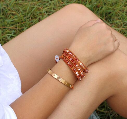 ابتكرت KELITCH خرز العقيق الناري على الجلد الطبيعي 3 سوار ملفوف مصنوع يدويًا مجوهرات صيفية ساحرة جديدة in Kuwait