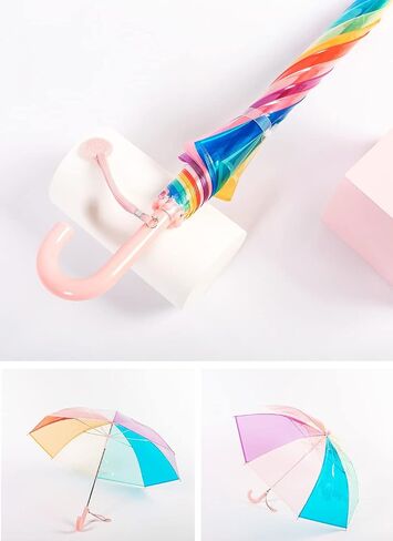 ThreeH Children's Rainbow Umbrella Curved Handle Sturdy Plastic Material Shatterproof 8 Ribs Manual Open Transparent Dome Bubble Umbrella in Saudi Arabia