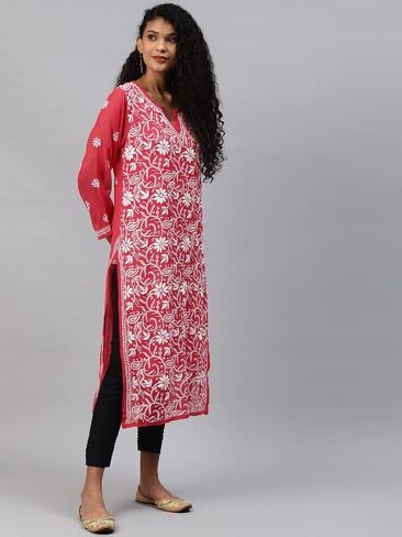 Ada Hand Embroidered Indian Chikankari Georgette Kurti Kurta with Slip for Women A90397 in Kuwait