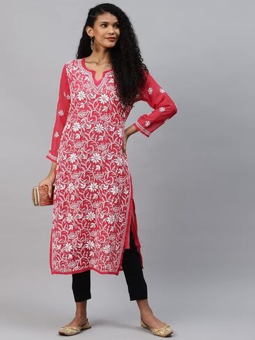 Ada Hand Embroidered Indian Chikankari Georgette Kurti Kurta with Slip for Women A90397 in Kuwait