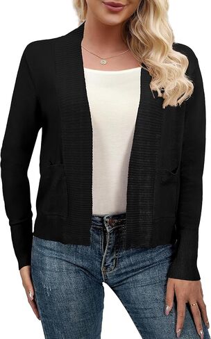 سترة صوفية نسائية من AAMILIFE بأكمام طويلة وسترات بوليرو مفتوحة من الأمام وقصيرة سترة صوفية قصيرة مع جيب in Kuwait