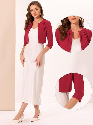 Allegra K 3/4 Sleeve Shrug Top for Women's Collarless Pleated Open Front Cropped Cardigan in Kuwait