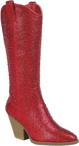 Forever Women Rhinestone Western Cowboy Pointed Toe Knee High Pull-on Boots in Kuwait