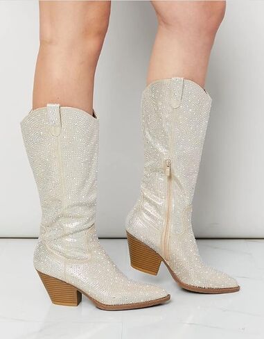 حذاء نسائي من Forever مصنوع من حجر الراين الغربي كاوبوي بمقدمة مدببة وكعب عالٍ وسهل الارتداء in Kuwait