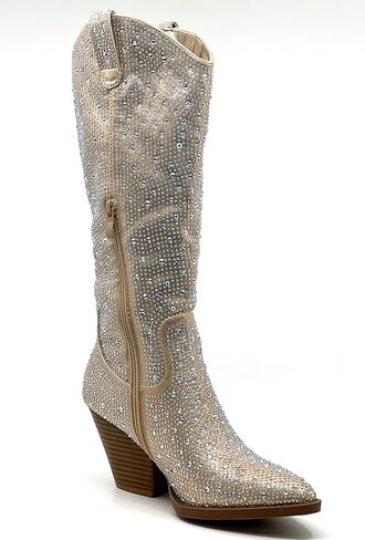 حذاء نسائي من Forever مصنوع من حجر الراين الغربي كاوبوي بمقدمة مدببة وكعب عالٍ وسهل الارتداء in Kuwait