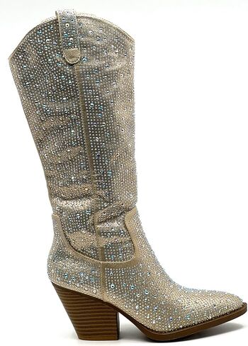 حذاء نسائي من Forever مصنوع من حجر الراين الغربي كاوبوي بمقدمة مدببة وكعب عالٍ وسهل الارتداء in Kuwait