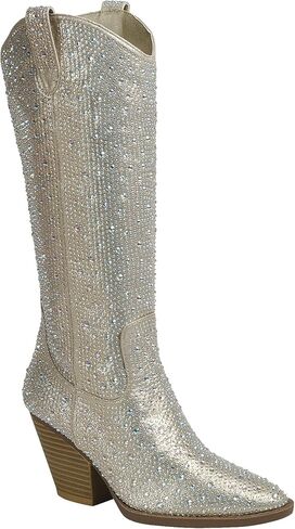 حذاء نسائي من Forever مصنوع من حجر الراين الغربي كاوبوي بمقدمة مدببة وكعب عالٍ وسهل الارتداء in Kuwait