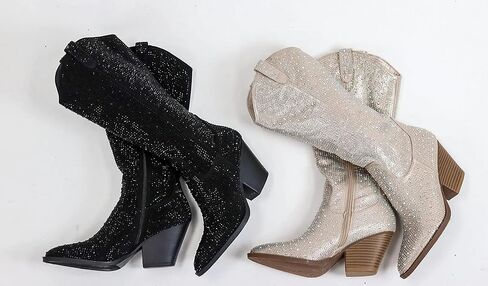 حذاء نسائي من Forever مصنوع من حجر الراين الغربي كاوبوي بمقدمة مدببة وكعب عالٍ وسهل الارتداء in Kuwait