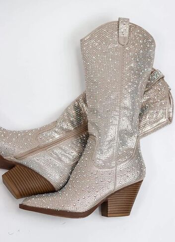 حذاء نسائي من Forever مصنوع من حجر الراين الغربي كاوبوي بمقدمة مدببة وكعب عالٍ وسهل الارتداء in Kuwait