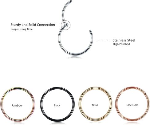 Oveta 5pcs Hoop Nose Ring 14G 16G 18G Surgical Steel Nose Ring Hinged Segment Ring Septum Ring Cartilage Daith Conch Earrings Hoop Piercing Jewelry, Gold Black Silver Rosegold Rainbow Colors in Kuwait