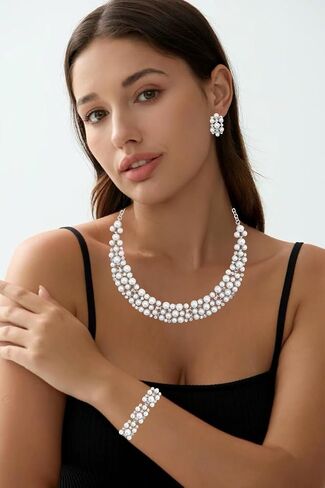 rneyflow 3PCS Wedding Bridal Artificial Pearl Crystal Necklace Drop Earring Bracelet Brides Party Costume Jewelry Set for Women in Saudi Arabia