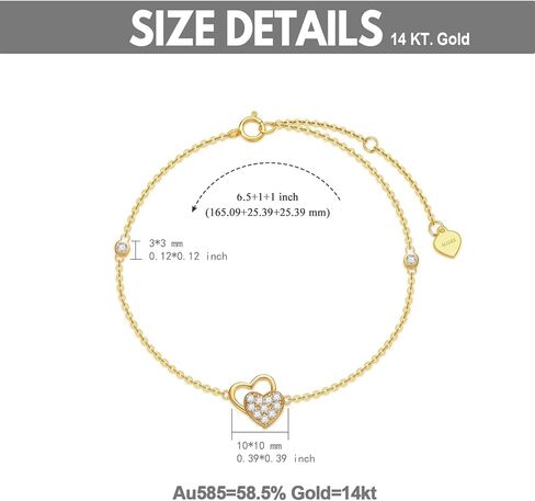 sisgem 14k قلوب الذهب الحقيقي مطرز أساور للنساء، الذهب الأصفر الحب سوار ثلاثة قلوب هدايا المجوهرات لعيد الميلاد عيد الميلاد 6.5 + 2 بوصة in Saudi Arabia
