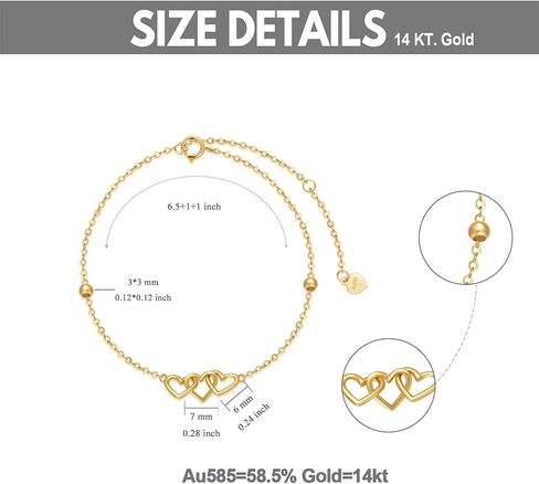 sisgem 14k قلوب الذهب الحقيقي مطرز أساور للنساء، الذهب الأصفر الحب سوار ثلاثة قلوب هدايا المجوهرات لعيد الميلاد عيد الميلاد 6.5 + 2 بوصة in Saudi Arabia