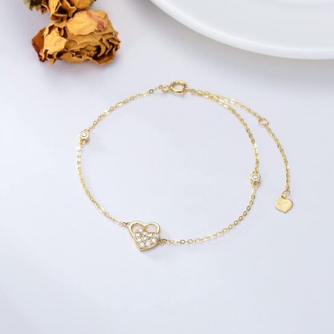 sisgem 14k قلوب الذهب الحقيقي مطرز أساور للنساء، الذهب الأصفر الحب سوار ثلاثة قلوب هدايا المجوهرات لعيد الميلاد عيد الميلاد 6.5 + 2 بوصة in Saudi Arabia