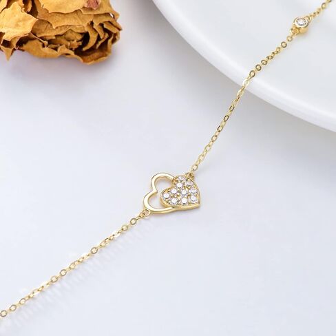 sisgem 14k قلوب الذهب الحقيقي مطرز أساور للنساء، الذهب الأصفر الحب سوار ثلاثة قلوب هدايا المجوهرات لعيد الميلاد عيد الميلاد 6.5 + 2 بوصة in Saudi Arabia