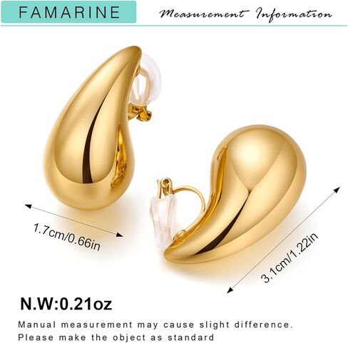 فارمارين اقراط ذهبية بمشبك للنساء، اقراط كبيرة بتصميم قطرة ماء ذهبية غير مثقوبة، هدية مجوهرات عصرية، نحاس، بدون احجار كريمة in Kuwait